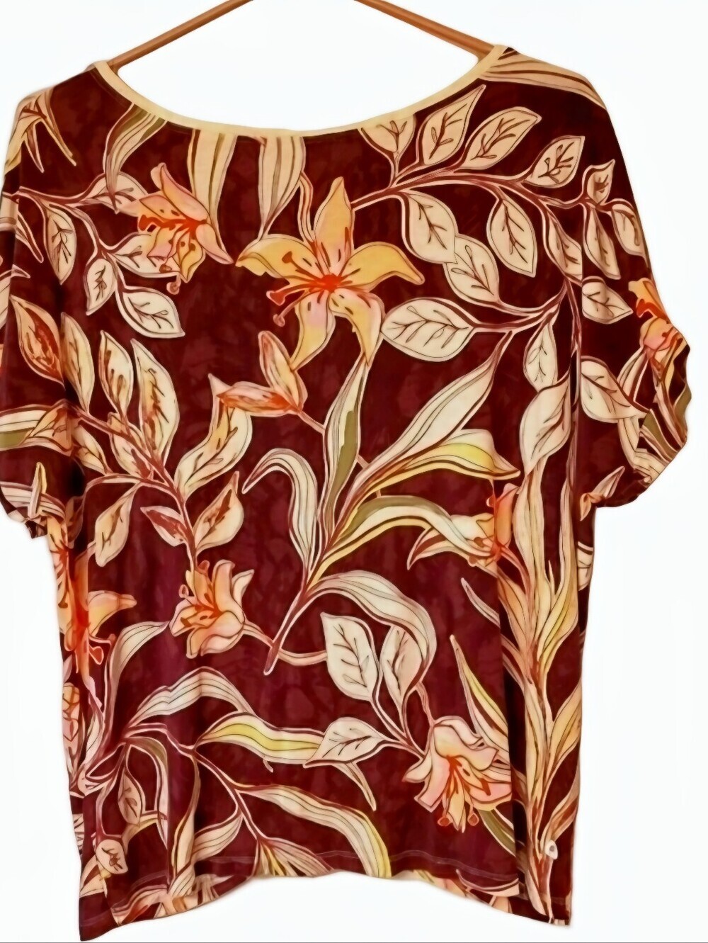 Hyba Tropical Floral Ruched Knot Front Crew Neck Short Sleeve T-Shirt Burgundy - Picture 2 of 9